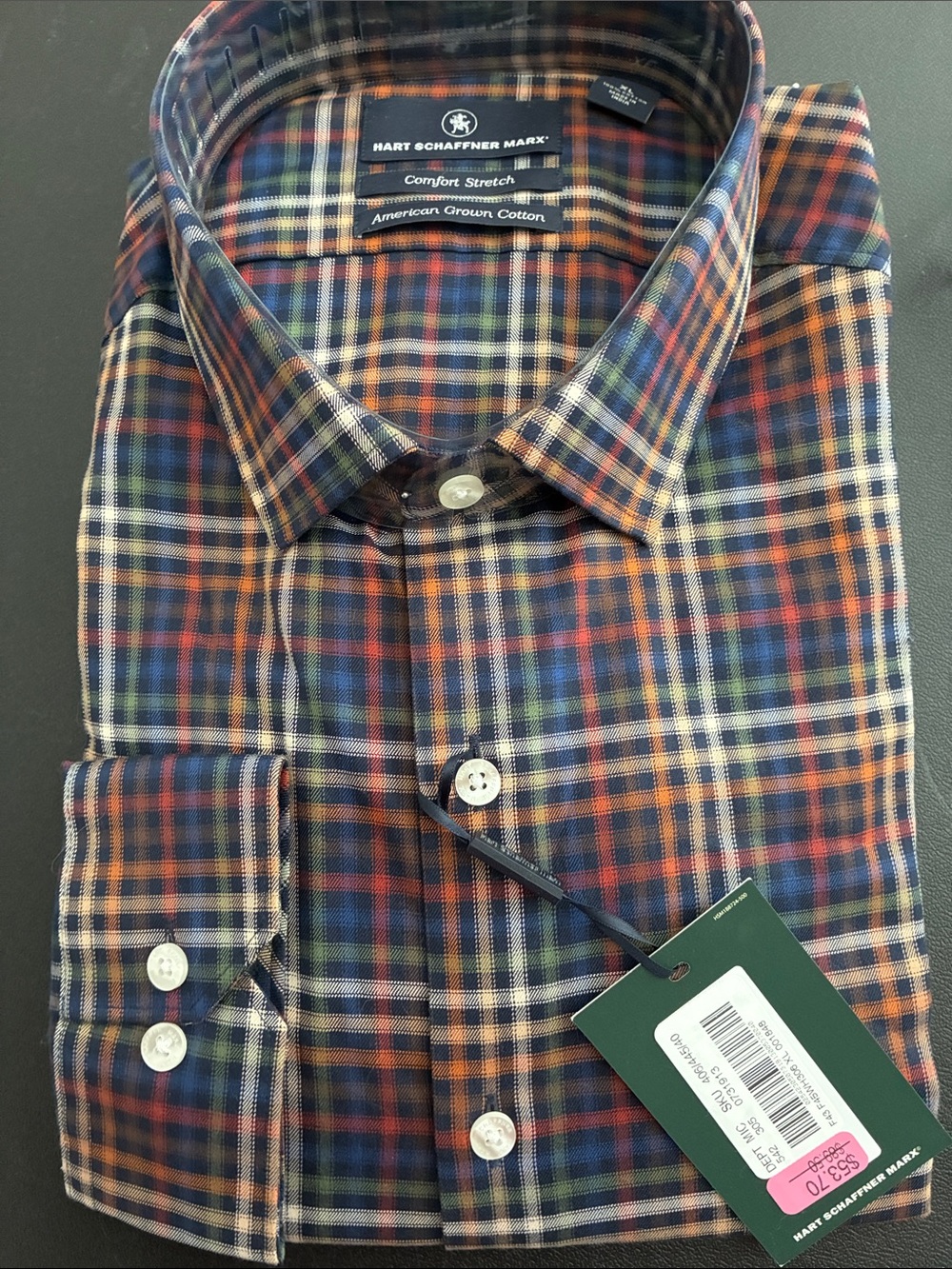 Hart Schaffner Marx Navy, Orange & Green Plaid Cotton Button-Down Shirt
